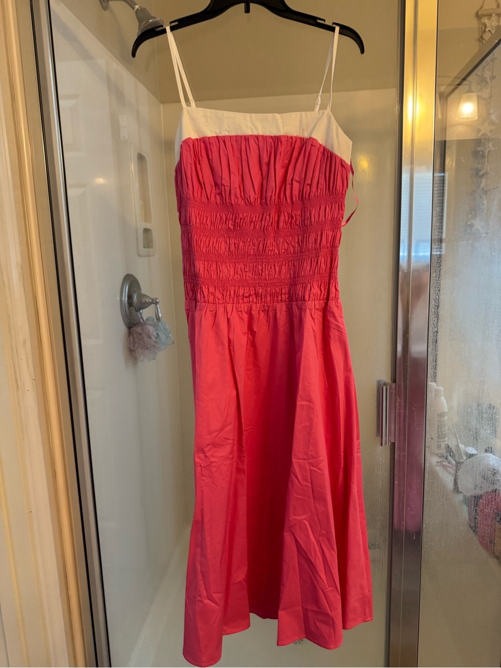 Pink Midi Sundress with White Yoke and Smocked Bodice